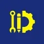 Yellow wrench, pen, and gear logo on a blue background, representing design or engineering.