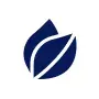 Blue stylized leaf-like logo.