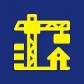 Yellow construction crane over a yellow house icon on a blue background.