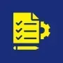 Yellow checklist with pen and gear icon on blue background.