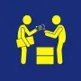 Two yellow stick figures exchanging money over a counter, on blue background.