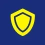 Yellow shield icon on a blue background.