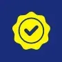 Yellow badge with black check mark inside a circle on a blue background.