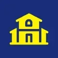 Yellow building icon on a dark blue background.