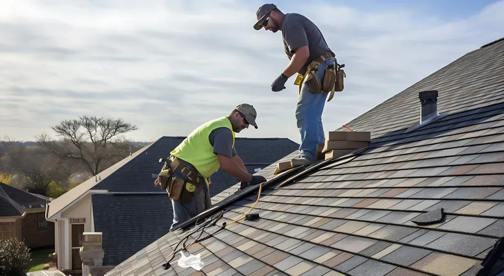 Two roofers in safety gear install shingles on a rooftop on a sunny day.
