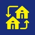 Yellow houses with curved arrows, representing a housing exchange, on a blue background.