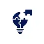 Blue lightbulb made of puzzle pieces, missing a piece, symbolizing ideas and solutions.