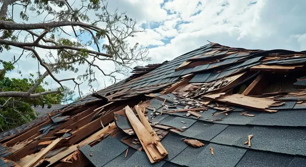 Damaged roof with missing shingles and exposed wood against a cloudy sky.