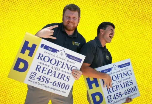 roofing contractors in austin,roofing companies austin,HD Roofing and Repairs,hd roofing,roof repair austin tx,roofing repairs - HD Roofing And Repairs Two men holding roofing repair signs, yellow background. One man is gesturing with hand, the other is laughing.