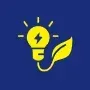 Yellow lightbulb with lightning bolt, leaf, on blue background.