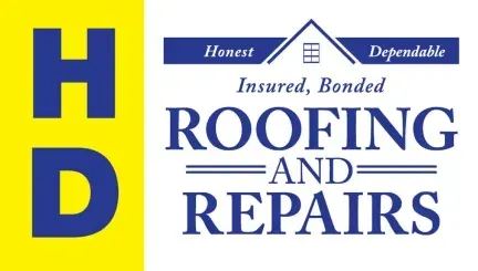 Yellow and white roofing company logo with blue text: 