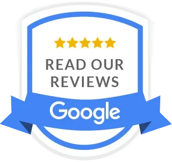 Google reviews badge: blue and white shield with 5 gold stars and 