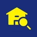 Yellow house icon with a magnifying glass; on a blue background.
