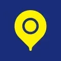 Yellow location pin with a black circle on a blue background.