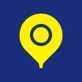 Yellow location pin with a dark ring on a blue background.