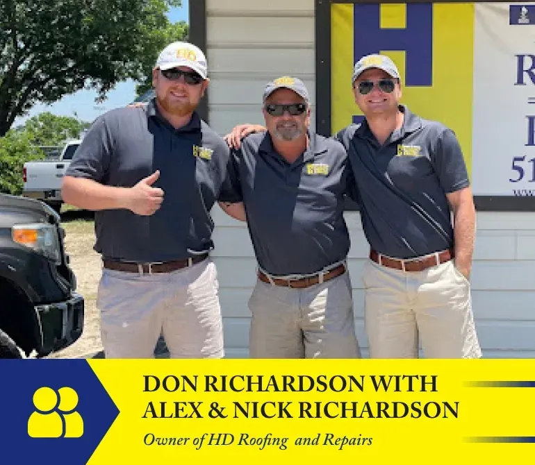 Three men posing in front of a building: Don, Alex, and Nick Richardson, owners of HD Roofing and Repairs.