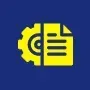 Yellow gear and document icon on a blue background, representing settings or documentation.
