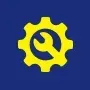 Yellow gear with wrench icon on a blue background.
