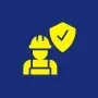 Yellow construction worker icon with a shield and checkmark on a blue background.