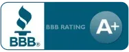 BBB rating, logo with a torch and the letters "BBB", and a blue circle with "A+" rating.