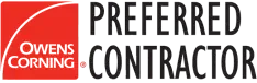 Owens Corning Preferred Contractor logo: red square with white arc, text "Owens Corning" and "PREFERRED CONTRACTOR" in black.