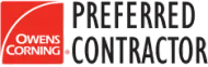 Owens Corning Preferred Contractor logo: red square with white arc, text "Owens Corning" and "PREFERRED CONTRACTOR" in black.