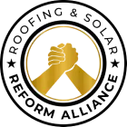 Logo for Roofing & Solar Reform Alliance: Golden clasped hands within a black and gold circular frame.