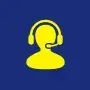Yellow silhouette of a person wearing a headset on a blue background.