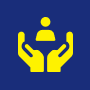 Yellow hands cradling a yellow person icon on a blue background.