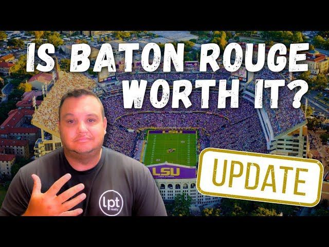 Man gesturing, in front of a packed LSU stadium. Text: