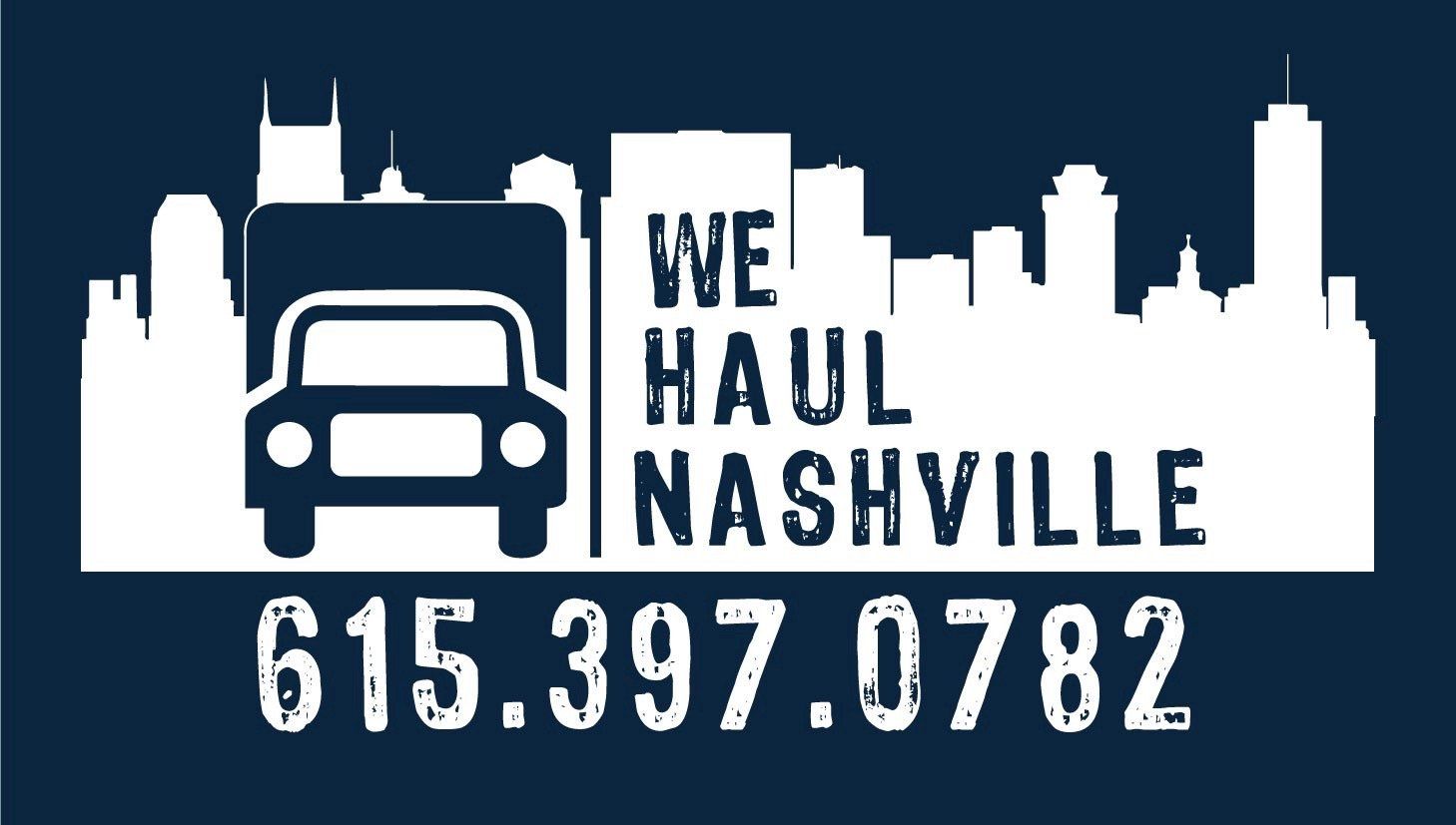 A blue and white logo for we haul nashville