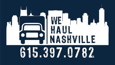 A blue and white logo for we haul nashville