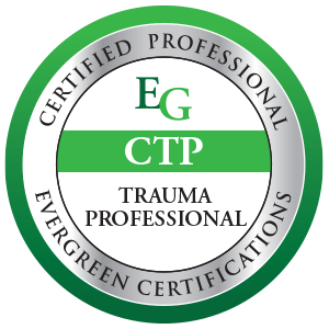 Evergreen Certification CTP trauma professional seal in green and white with circular text.