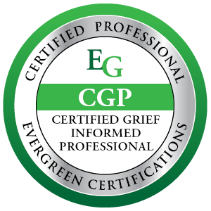 Green and silver certification seal reading “Certified Grief Informed Professional” with “EG” and “CGP” center text
