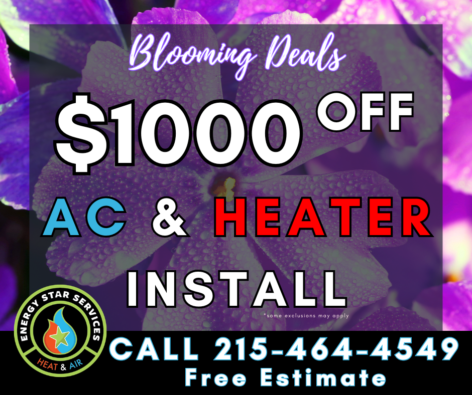 Winter sale: $700 off heater installation. Text on a snowy background.  Energy Star Services logo and website.