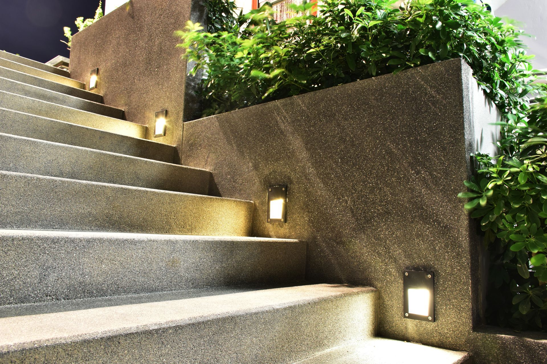 Stone stairs with embedded lights next to a wall with greenery.