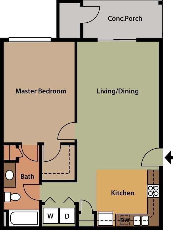 Floor plan of an apartment showing a master bedroom, living/dining area, kitchen, bathroom, and porch.