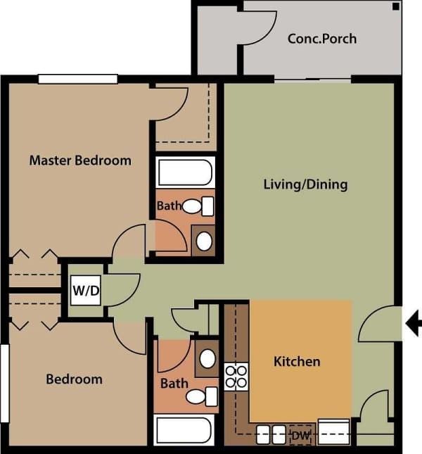 Floor plan of a two-bedroom apartment with kitchen, living/dining, and master bath.