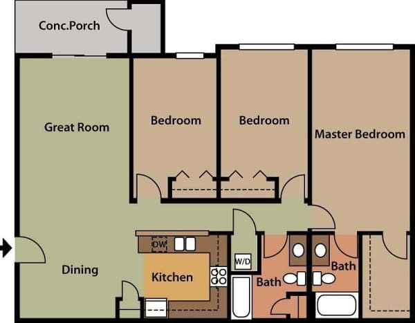 Floor plan of a three-bedroom apartment, colored in various shades, showing room layouts.