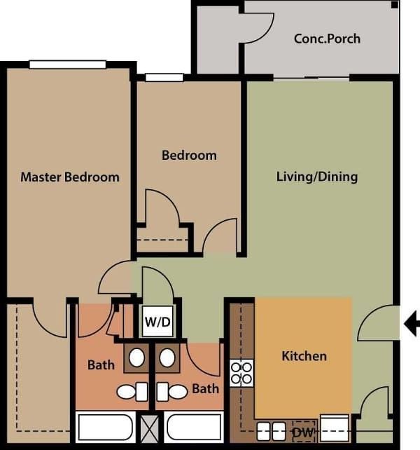 Floor plan of an apartment with a kitchen, living/dining area, two bedrooms, and two bathrooms.