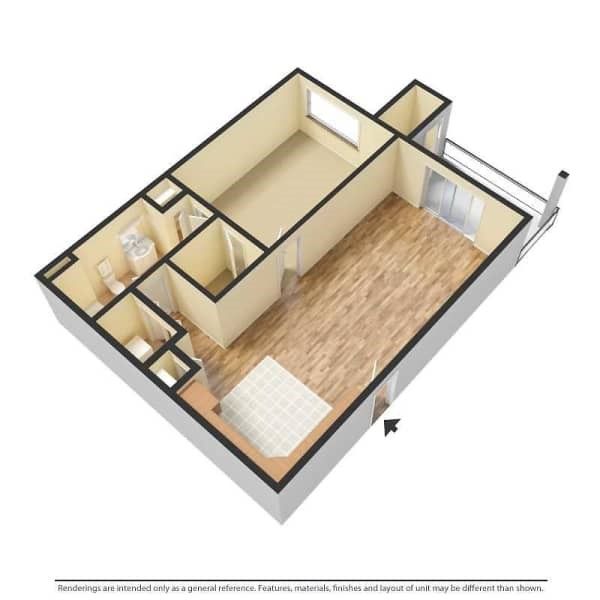 3D floor plan of an apartment with a living room, bedroom, bathroom, and small balcony.