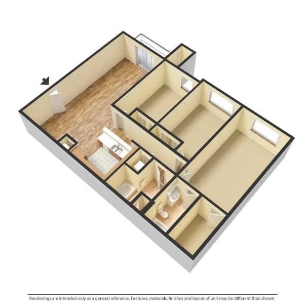 Floor plan of a two-bedroom apartment, with living room, kitchen, and bathroom.
