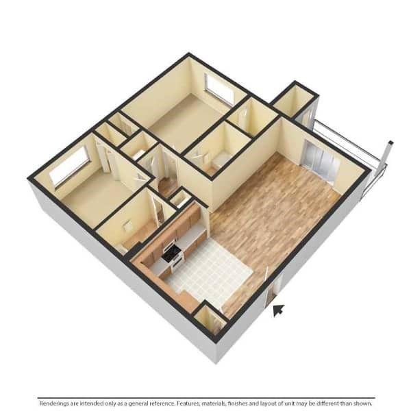 Floor plan of an apartment with two bedrooms, kitchen, bathroom, and a balcony.