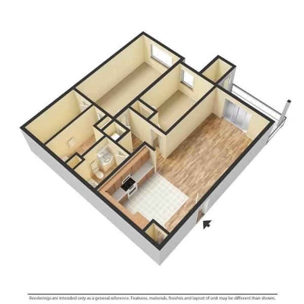 3D floor plan of a small apartment with kitchen, living room, two bedrooms, and a balcony.