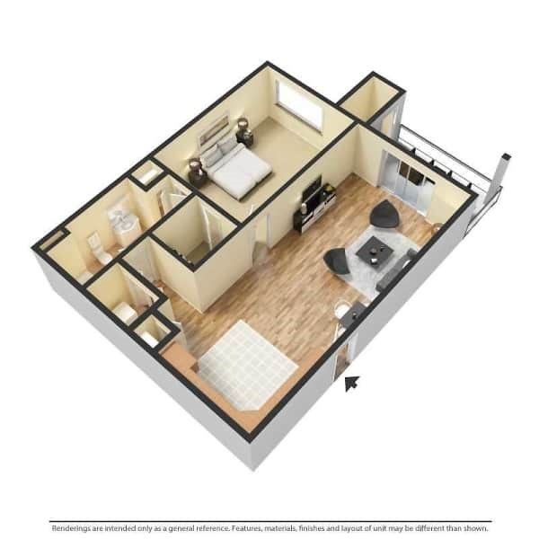 Floor plan of a one-bedroom apartment with living room, bedroom, bathroom, and balcony.