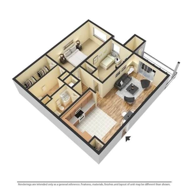 Floor plan of an apartment with a bedroom, bathroom, kitchen, living room, and balcony.