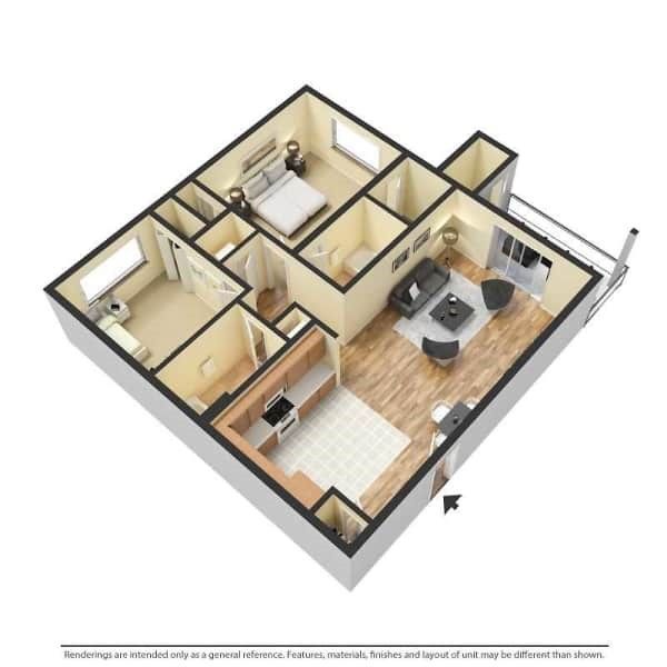 3D floor plan of a one-bedroom apartment with living room, kitchen, bathroom, and balcony.