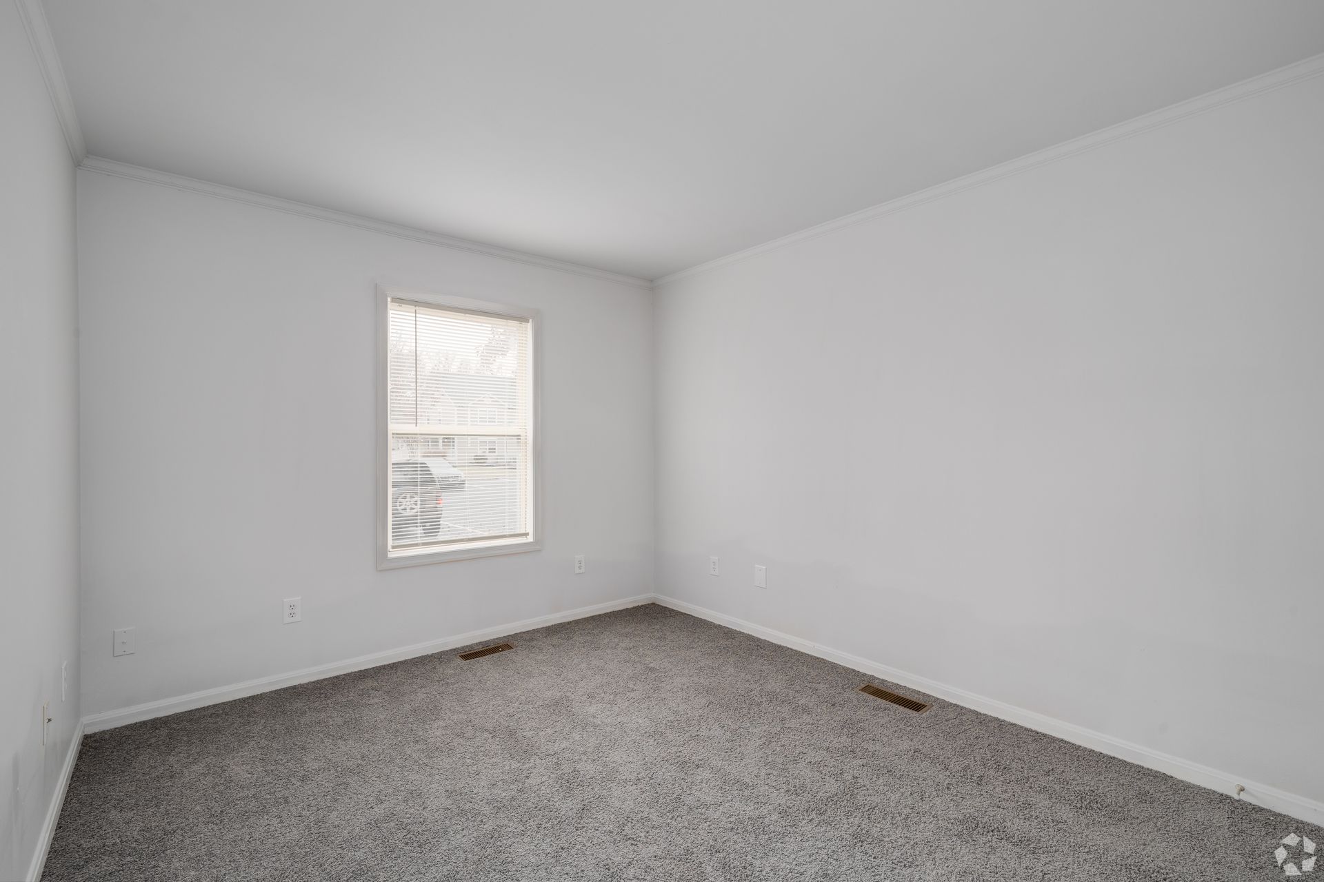 Empty room with gray carpet, a window with blinds, and white walls.