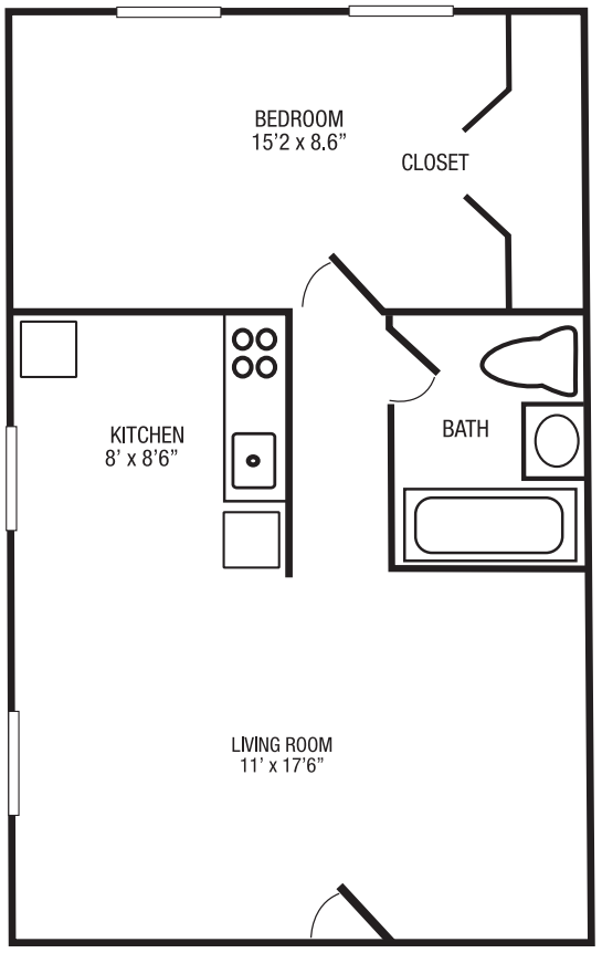 Floor plan of a small apartment: living room, kitchen, bedroom, closet, and bathroom.