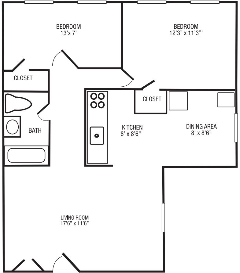 Floor plan of a two-bedroom apartment, with living room, kitchen, dining area, and bathroom.